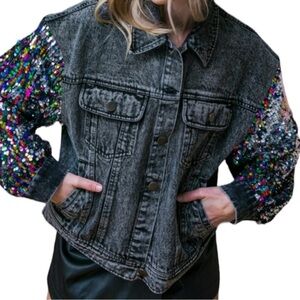 NWOT Denim Jacket With Sequin Sleeve Size Small
